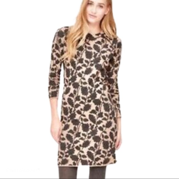 ANN TAYLOR LOFT Knit Dress With Floral Print & Long Sleeves Taupe/Beige Sz Large - Picture 1 of 7